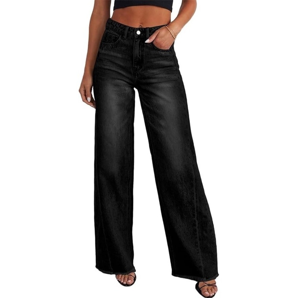 Sidefeel Womens High Rise Wide Leg Jeans Size 10 Black Frayed Hem Stretch Denim